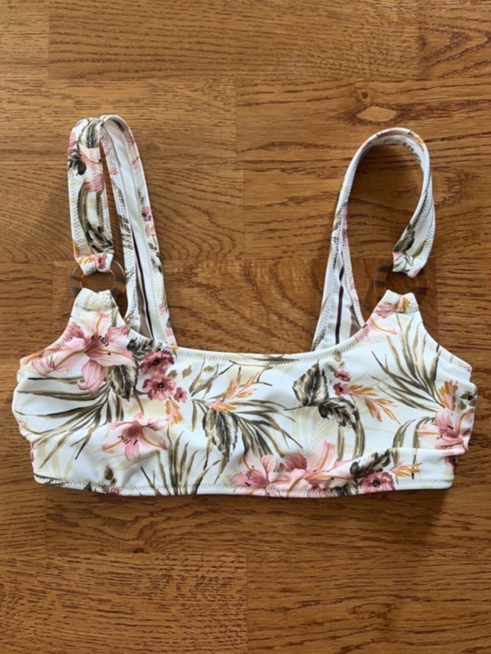 Abercrombie Fitch Bikini Top Swim XS Scoop Ring Women Ivory Pink Tropical Floral